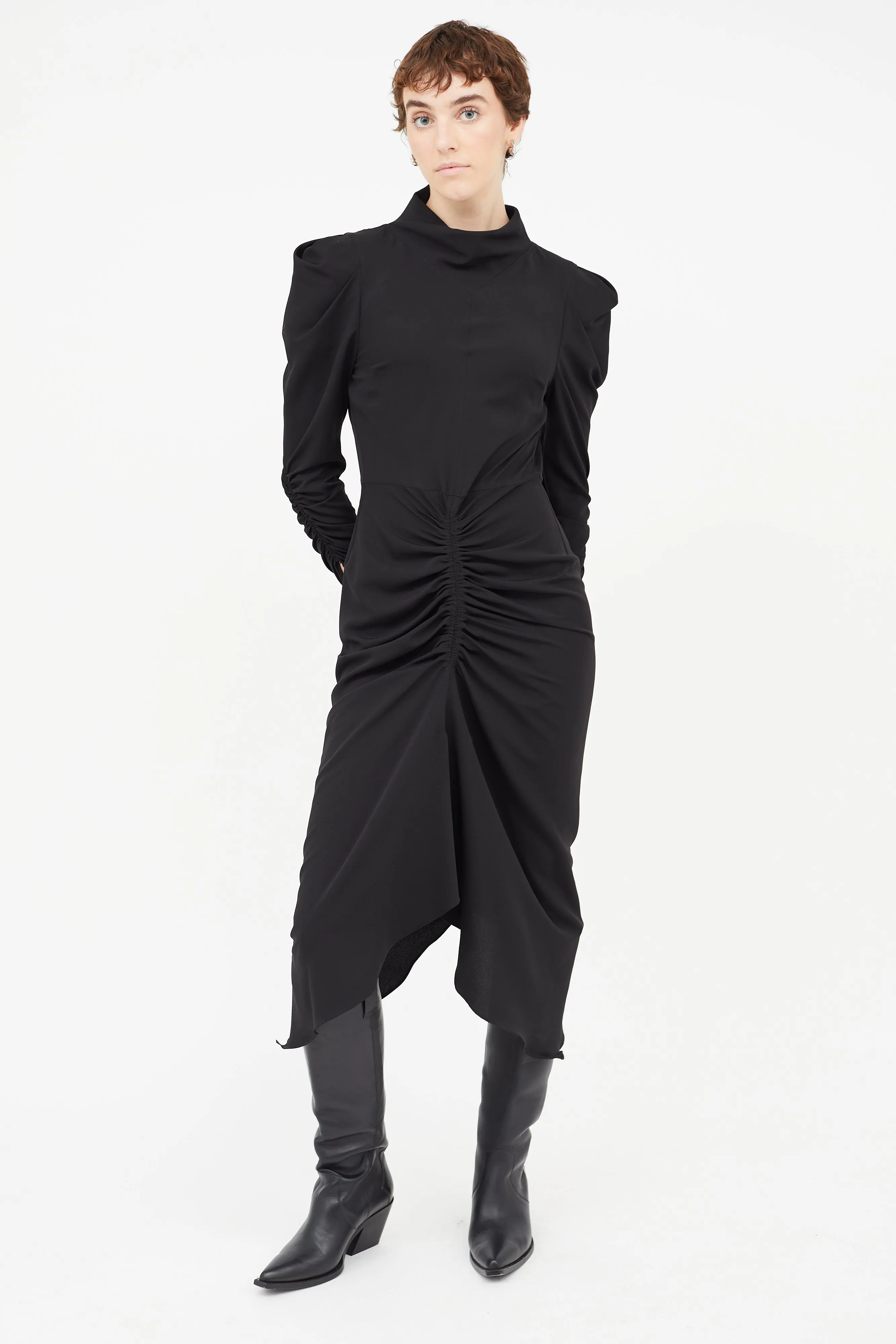 Black Ruched Long Sleeve Dress