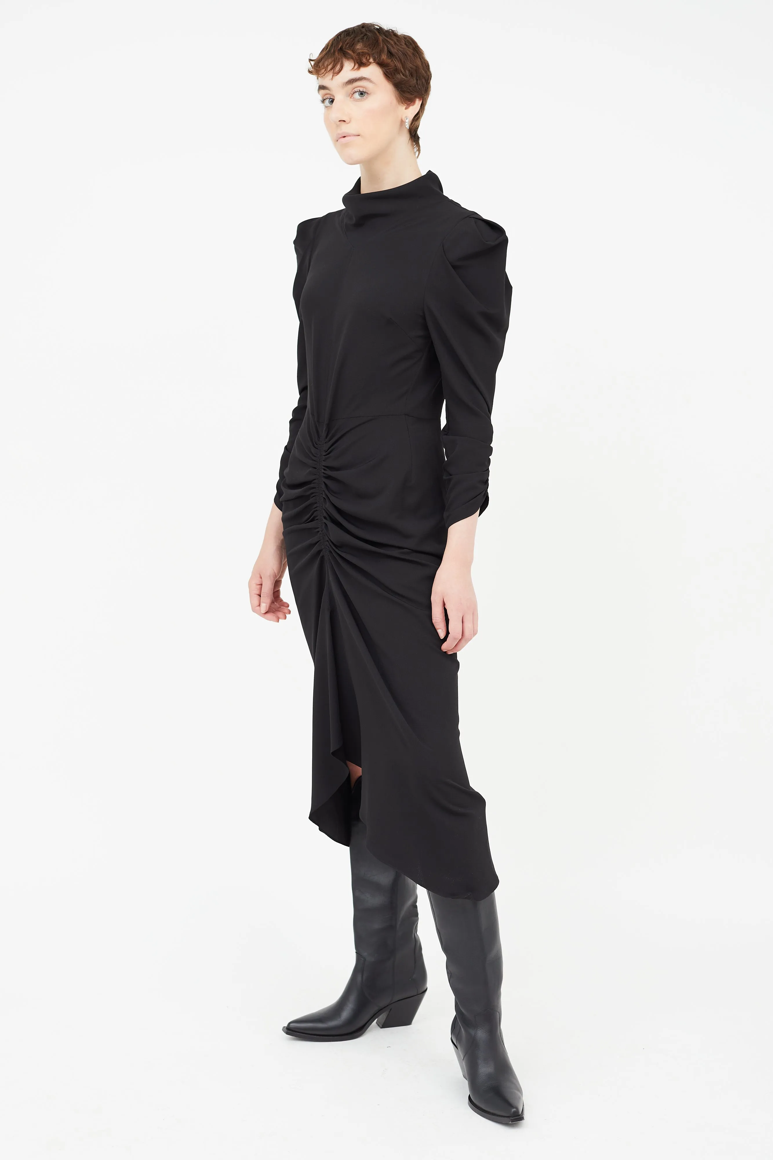 Black Ruched Long Sleeve Dress