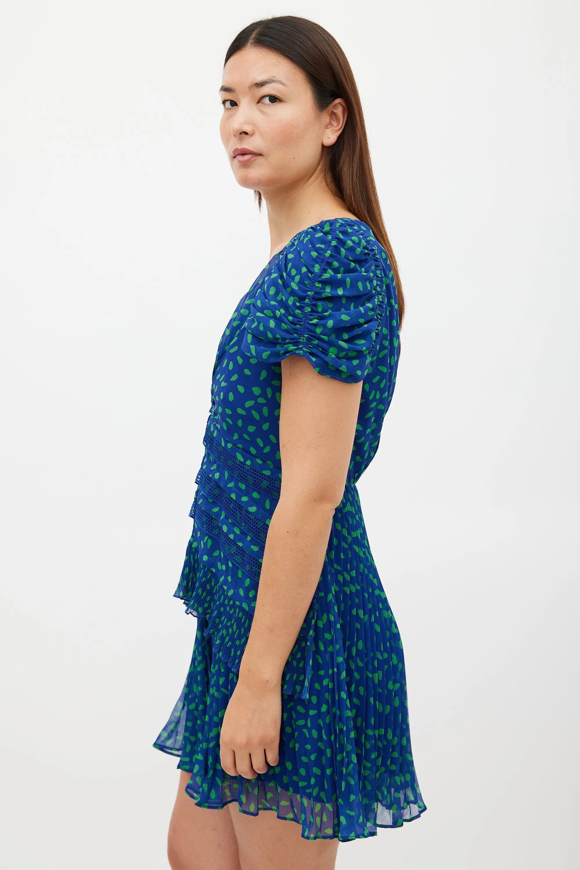 Blue & Green Chiffon Dot Mini Dress
