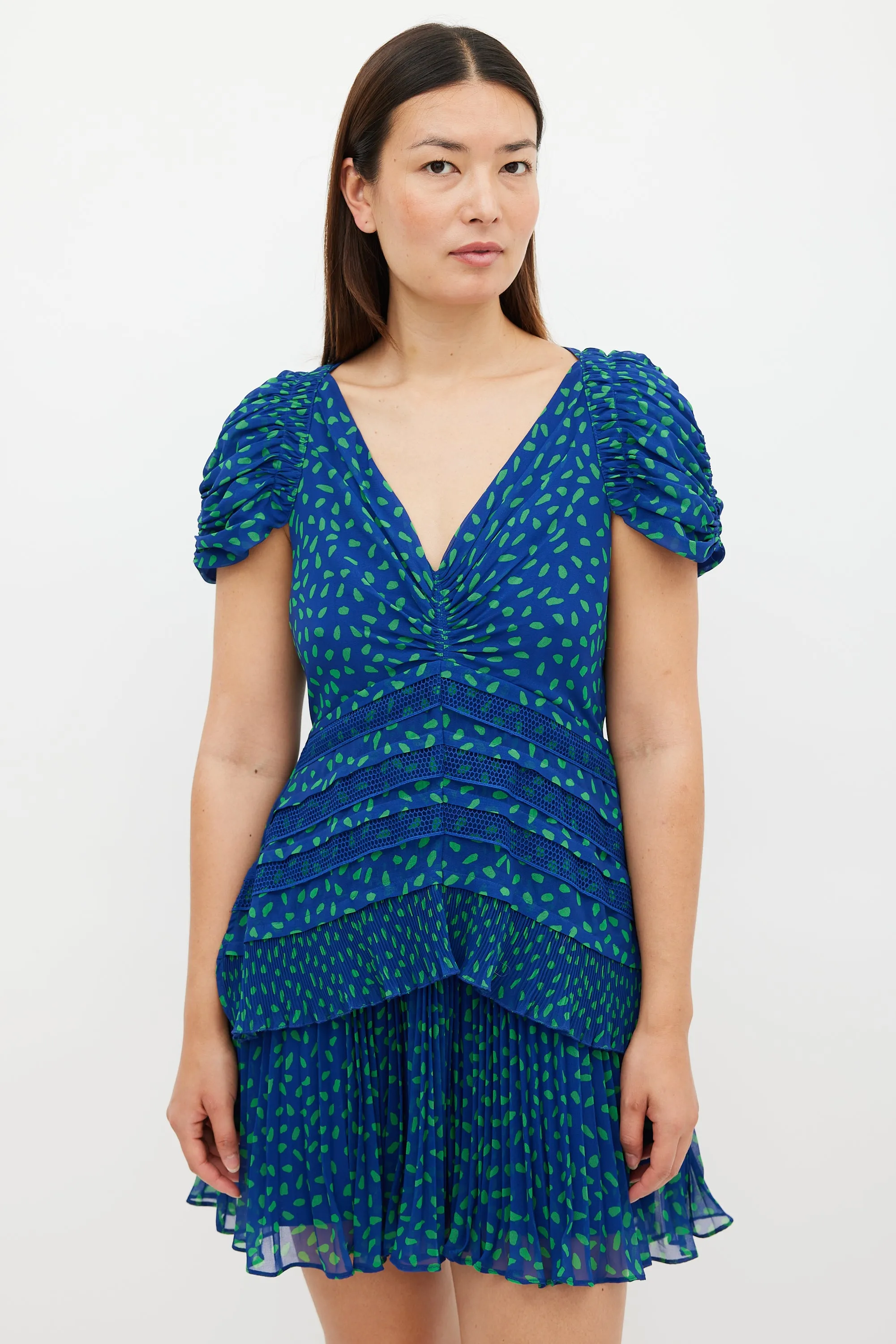 Blue & Green Chiffon Dot Mini Dress