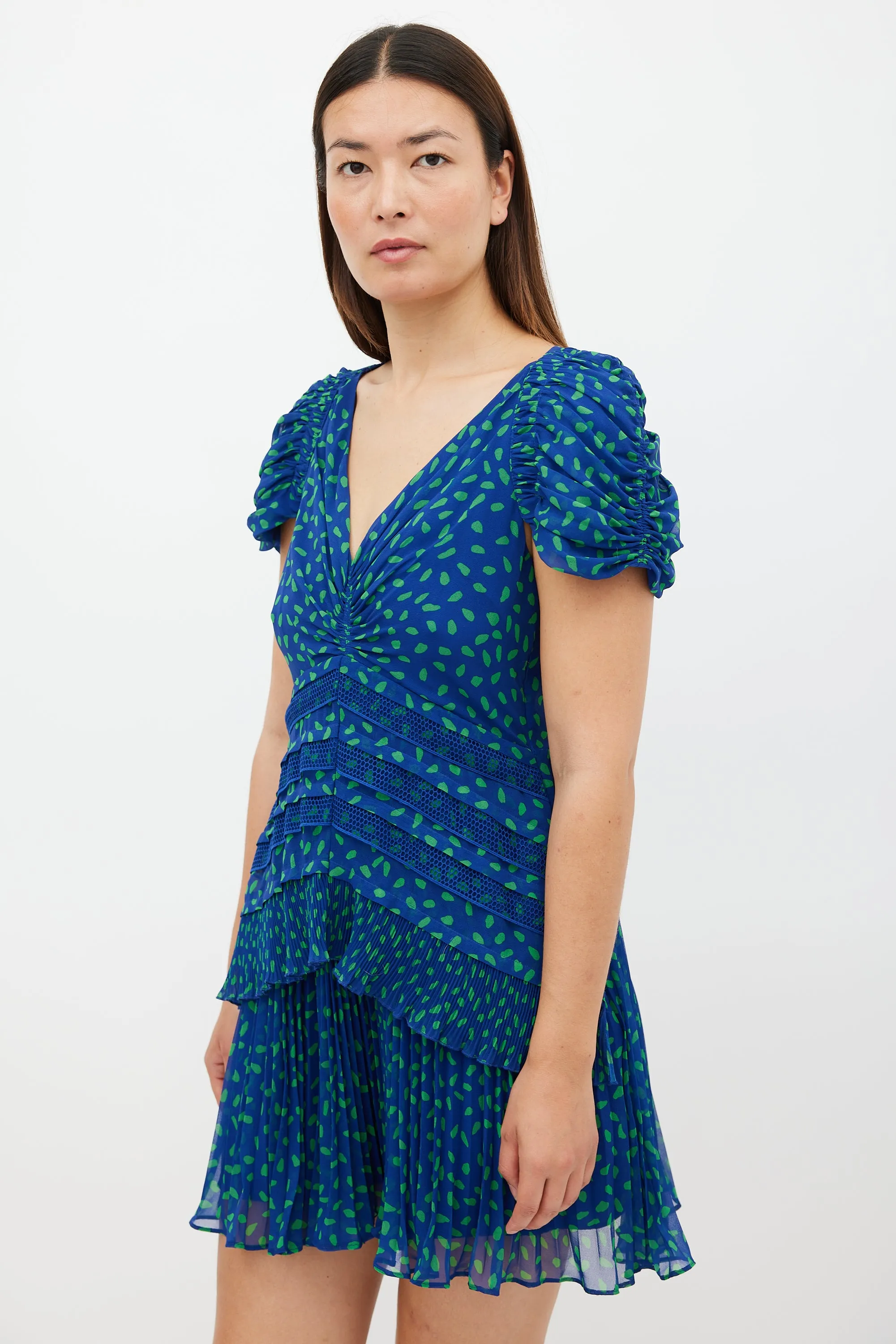 Blue & Green Chiffon Dot Mini Dress