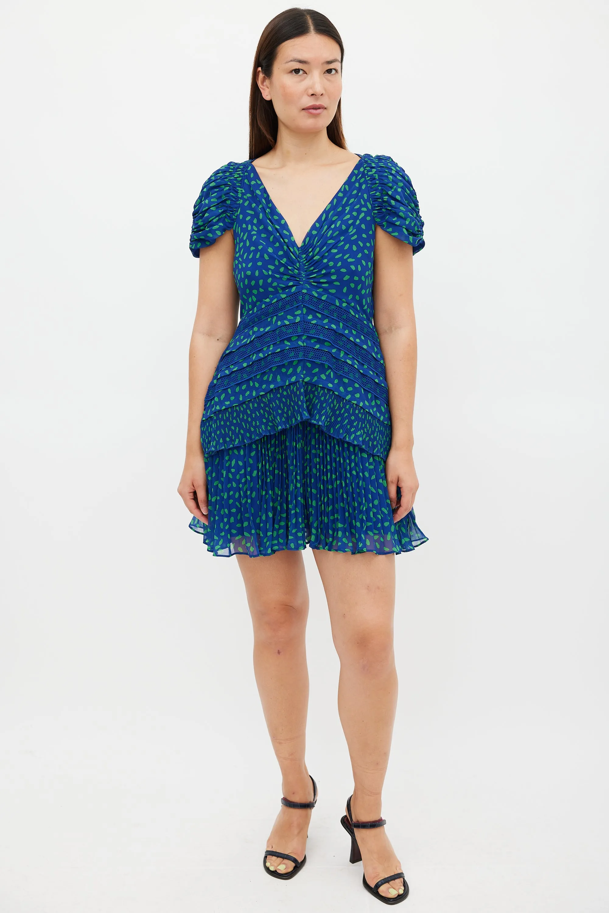 Blue & Green Chiffon Dot Mini Dress