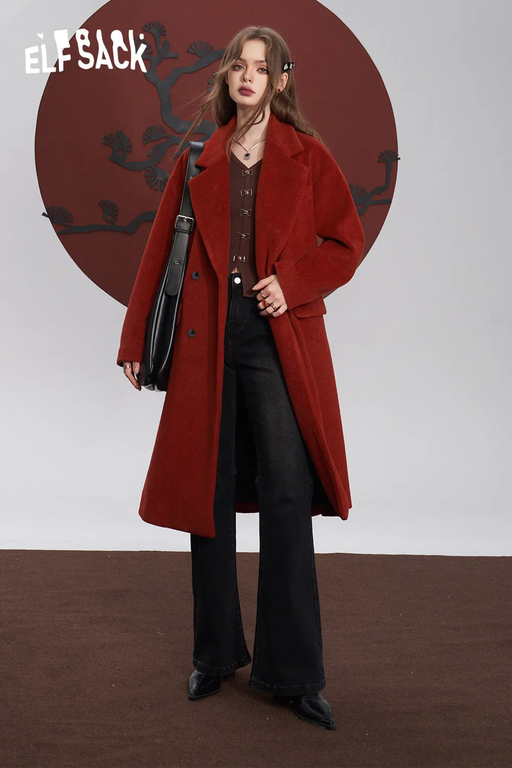 ELFSACK Red Warm Coats Women 2023 Winter Mid-length Christmas and New Year Outwears