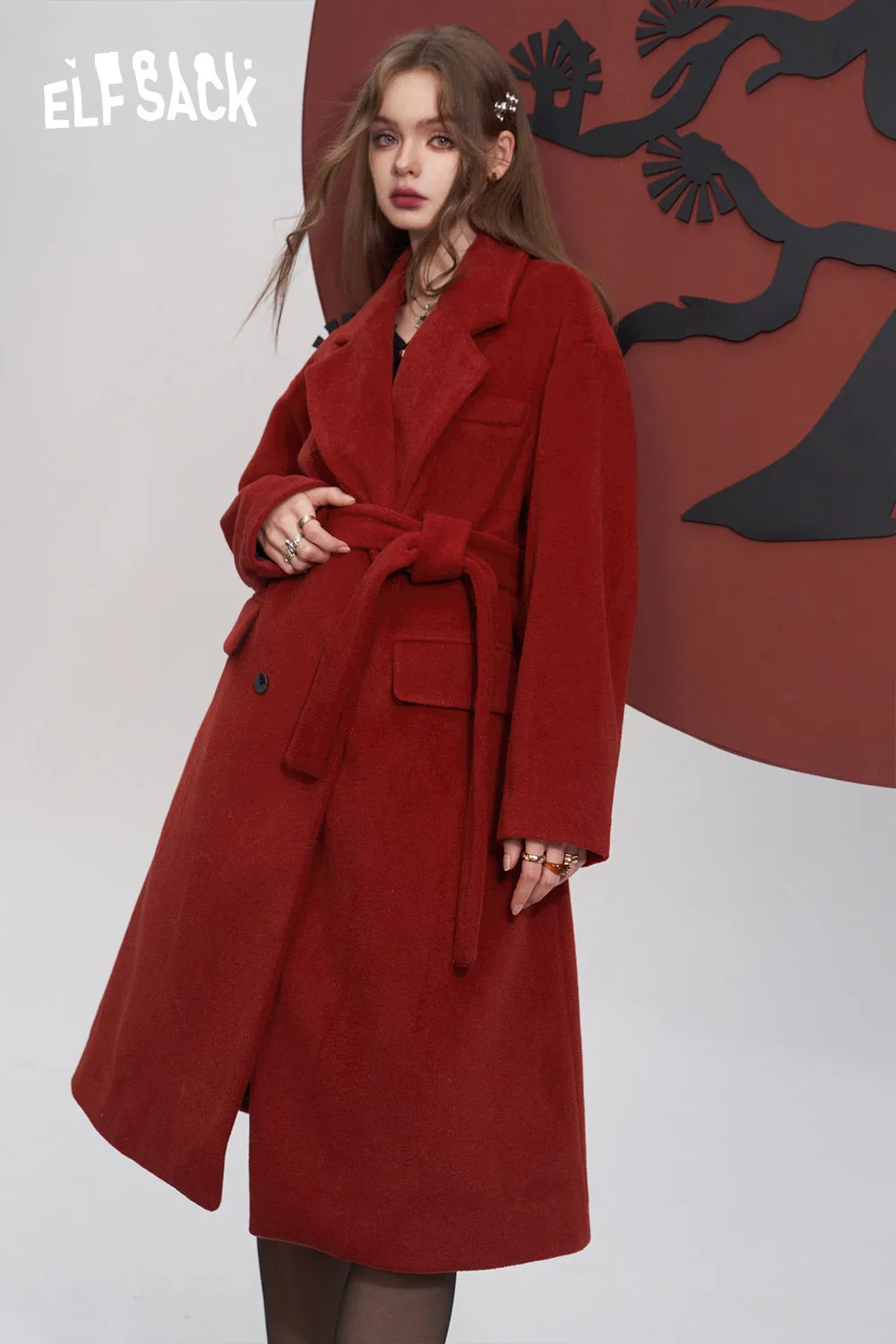 ELFSACK Red Warm Coats Women 2023 Winter Mid-length Christmas and New Year Outwears