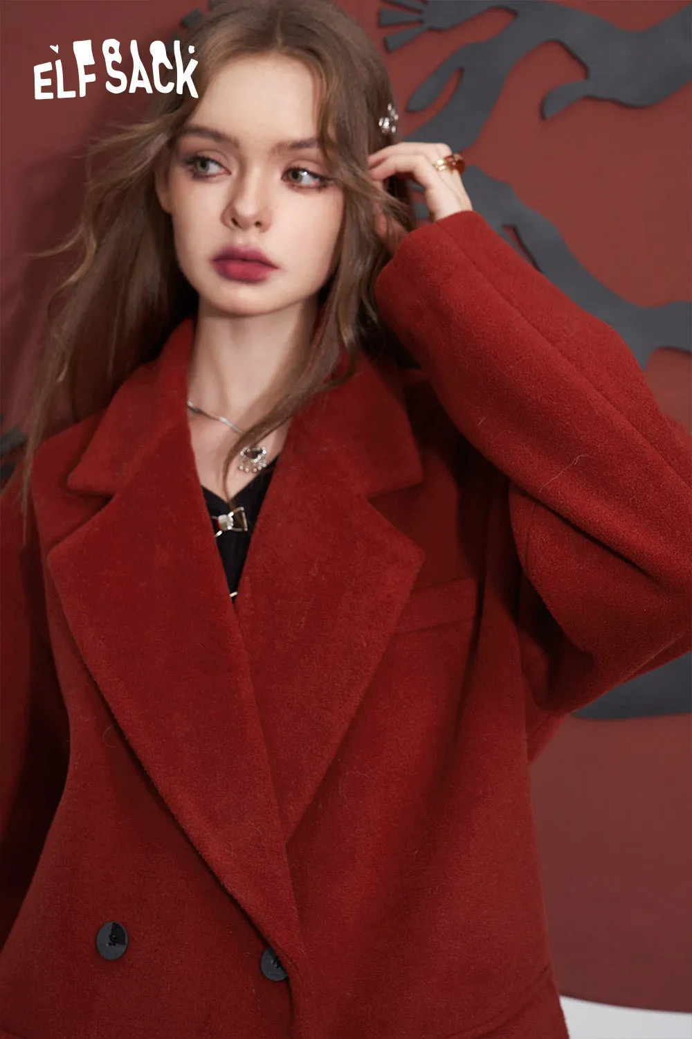 ELFSACK Red Warm Coats Women 2023 Winter Mid-length Christmas and New Year Outwears