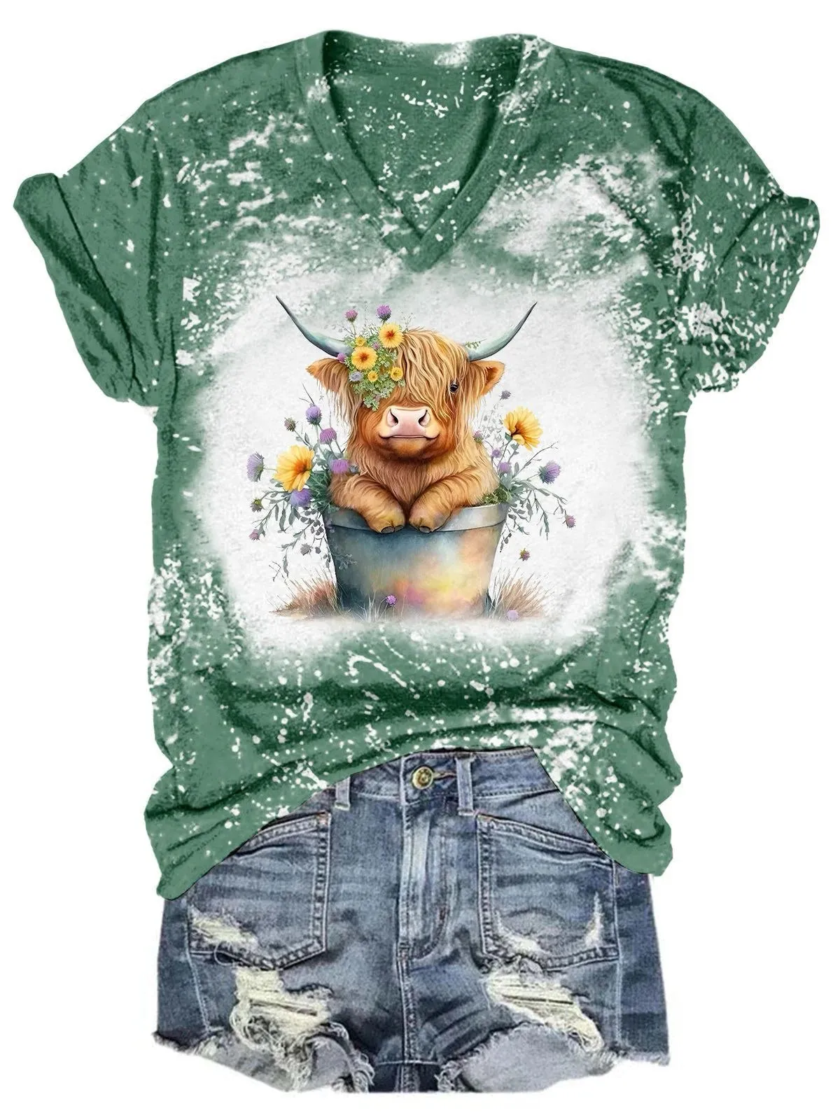 Firelyy BABY HIGHLAND COW TIE DYE V NECK T-SHIRT