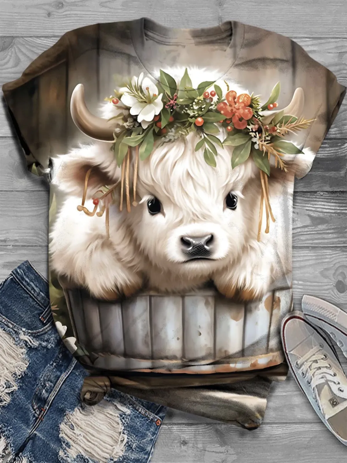 Firelyy BABY WHITE HIGHLAND COW PRINT CREW NECK T-SHIRT