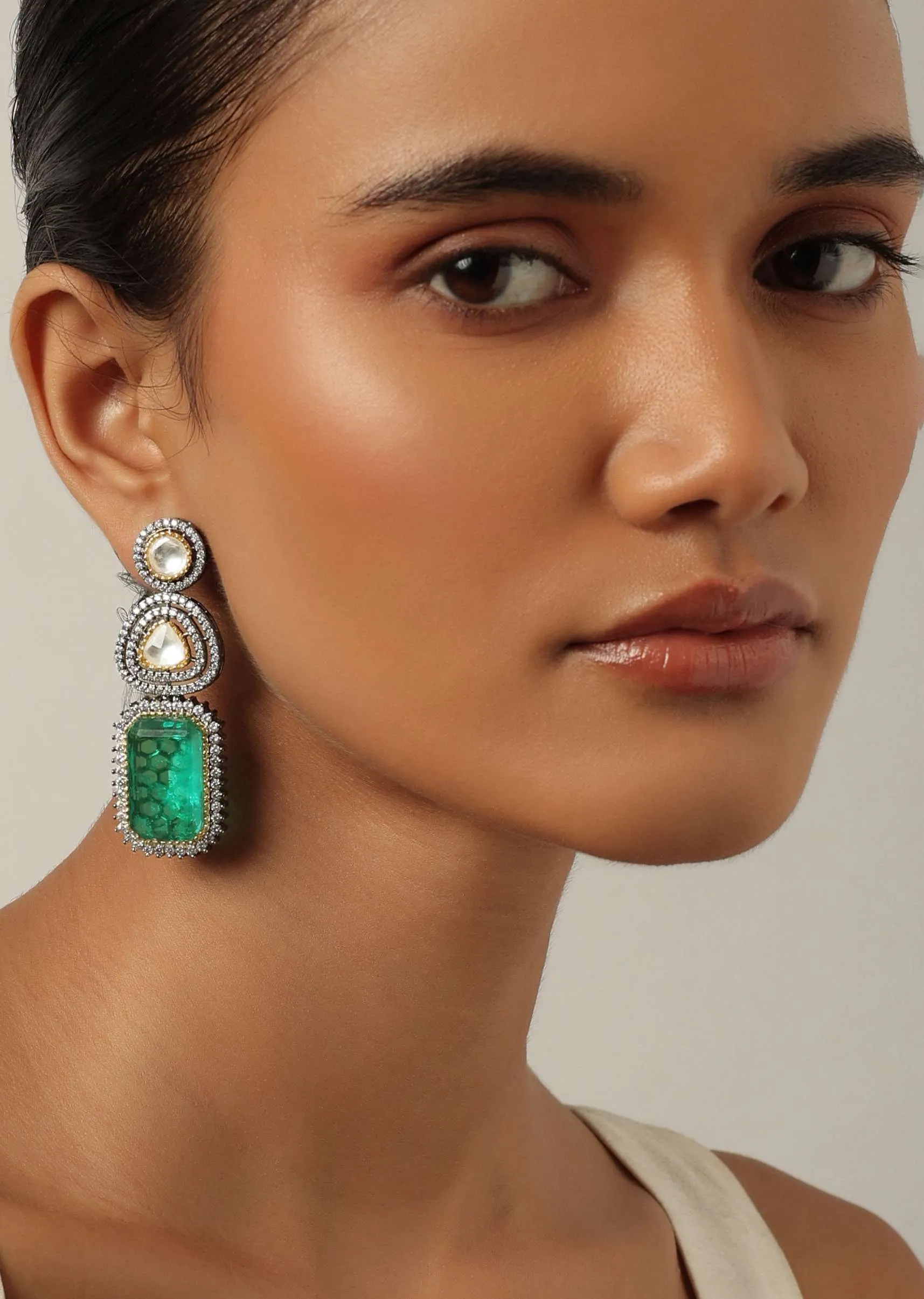 Green Geometric Earrings With Textured Stone