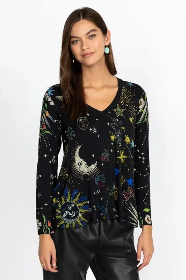 Johnny Was Pants Celestine French Terry Jogger Space Black Pant White Stars NEW