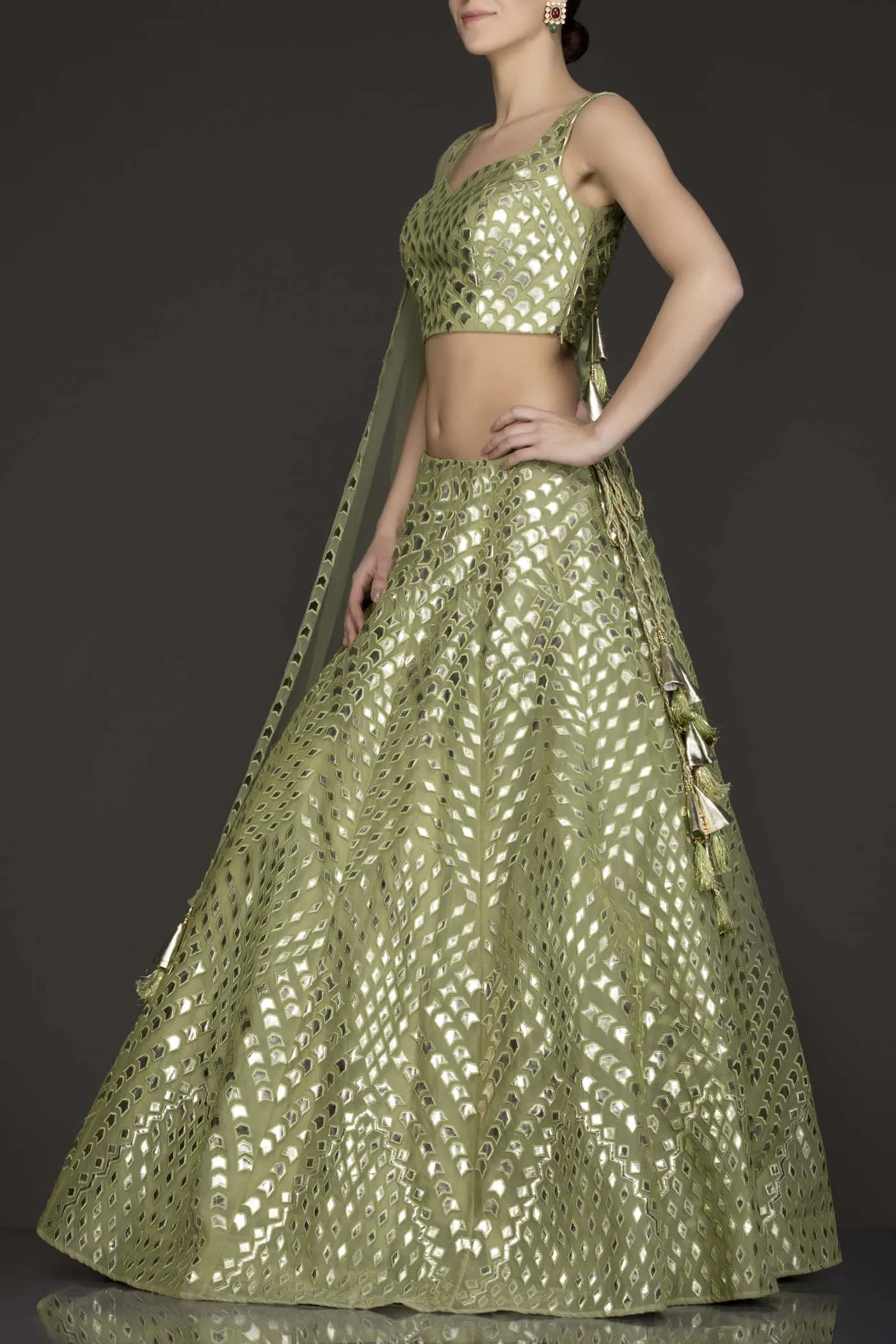 Olive Green Organza Lehenga-Top With Leather Patch Embroidery