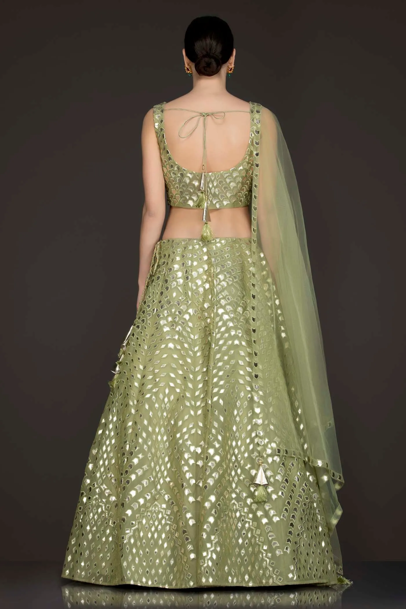 Olive Green Organza Lehenga-Top With Leather Patch Embroidery