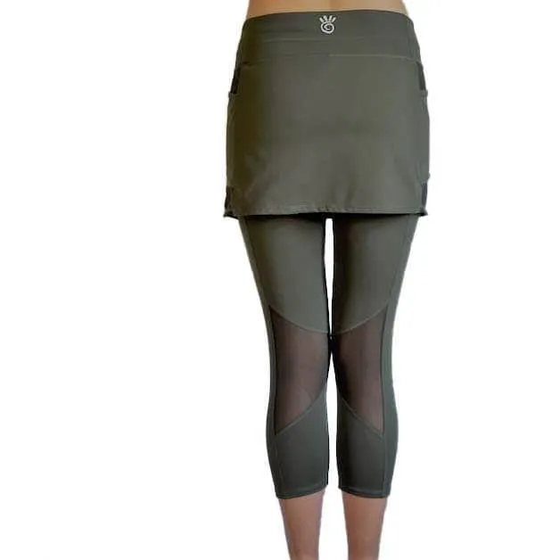 Olive Mid-Calf Mesh Skirted Leggings with Pockets