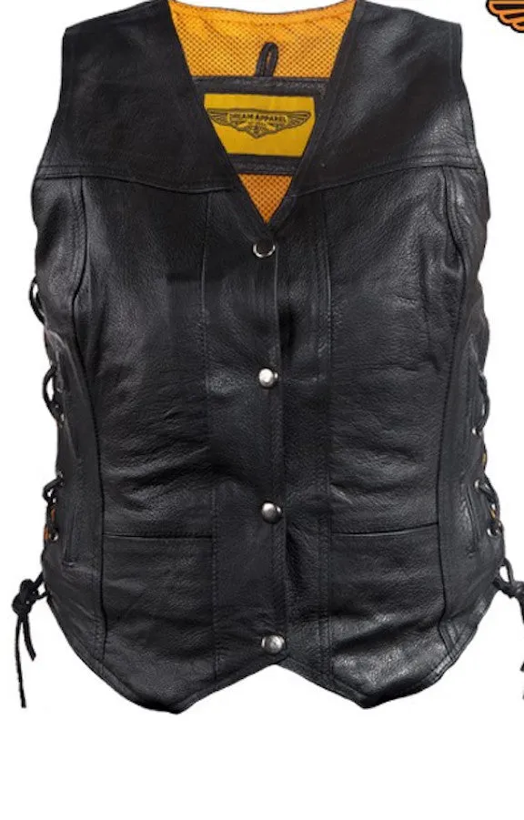 Womens Cowhide Leather Motorcycle Vest With 7 Pockets