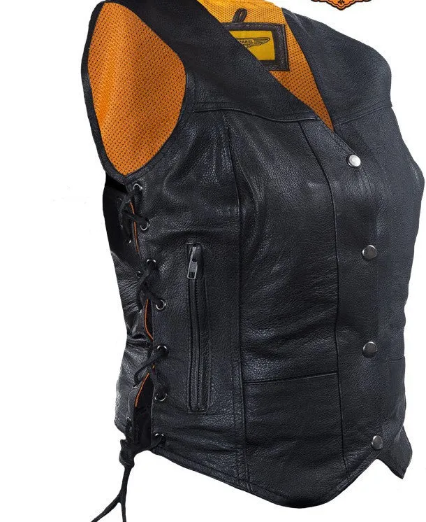 Womens Cowhide Leather Motorcycle Vest With 7 Pockets
