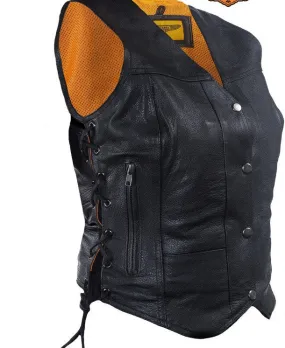 Womens Cowhide Leather Motorcycle Vest With 7 Pockets